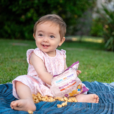 Organic Puffs - Early Allergen Introduction Snack Puffs w/ 9 Top Allergens: Organic Peanuts, Cashew, Egg & More by Ready Set Food, No Added Sugar, Babies 8+ Months, Apple Cinnamon 3-Pack