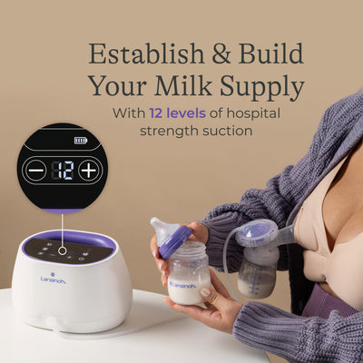 Lansinoh NaturalWave Double Electric Breast Pump White/Purple | Hospital-Grade Suction with 12 Levels, 5 Flange Sizes & Baby-Mimicking Motion | Breastfeeding Essentials for Pumping Moms