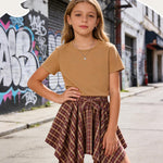 PATPAT Girls 2 Piece Skirt Sets Size 7-8 Years, Brown Shirts + Red Plaid Skirts Clothing Sets Summer Outfits, Tween Girls Trendy Clothes Y2K Outfits Streetwear