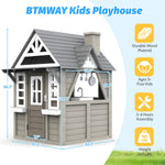 Kids Playhouse Outdoor,Cedar Gray Wooden Play House for Kids Ages 3-8,Interactive Doorbell, Kitchen Counter with Utensils, Sink, Window Boxes for Flowers and Toys