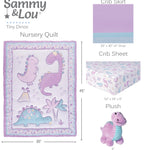 Sammy & Lou Tiny Dinos 4-Piece Baby Nursery Crib Bedding Set for Girls, Includes Quilt, Fitted Crib Sheet, Crib Skirt, and Plush Toy