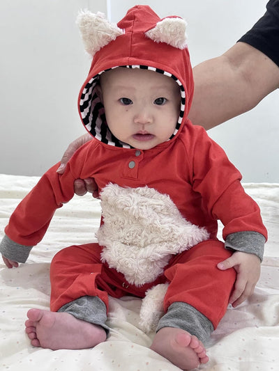 Noubeau Newborn Baby Girl Boy Halloween Cosplay Cartoon Clothes Fox Coat Fur Bodysuit Jumpsuit Hooded Playsuit Romper