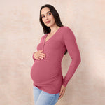 Motherhood Maternity Women's Long Sleeve V-Neck Side Ruched Henley Pregnancy Tee Shirt, Red Violet, Medium