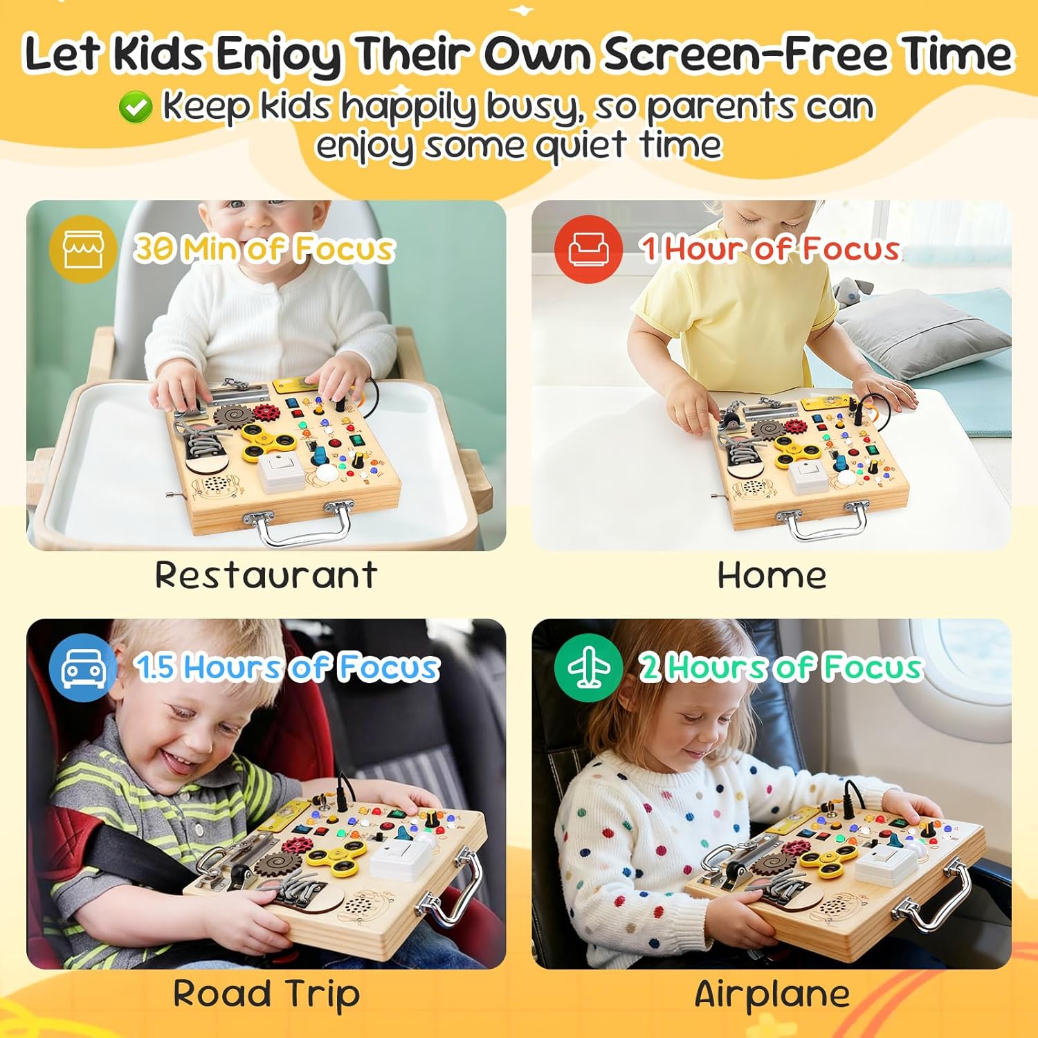 Wooden Busy Board with LED Light–Montessori Baby Learning Toys for Toddlers 1-4, Sensory Activity Board, Travel Toys & Educational Birthday / Christmas Music Gifts for 1+ Year Old Boy (Silver Handle)