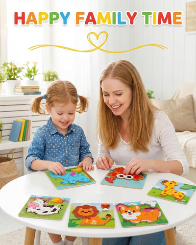 YUNCHY Wooden Puzzles for Toddlers 1-3, 6pcs Animal Jigsaw Puzzles for Toddlers, Montessori Educational Learning Toys for Kids Ages 1-4,Gifts for Boys Girls