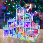 AmiDear Dollhouse with 4-Story 11 Rooms, Dream Gift Princess Doll House Playset with Furniture, Blue Toddler House with Pool Slide for 3 4 5 6 7 8 9 10 Year Old Girls Kids