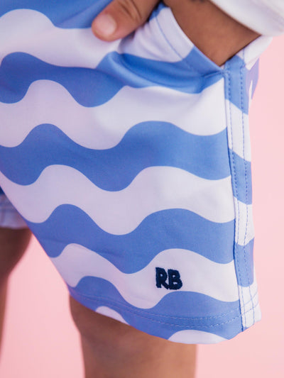 RUGGEDBUTTS Boys UPF50+ Stretch Neon Swim Trunks - Periwinkle Blue Wavy Stripe, 3-6m