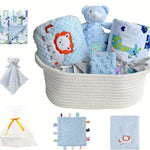 CREVENT Baby Welcome Gift Set Storage Basket with 2 Blankets+ 1 Security Blanket + 1 Taggie + 1 Gift Bag with Ribbon (Ivory)