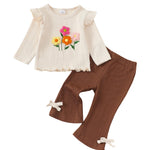 Kucnuzki 3-6 Month Baby Girl Clothes Long Sleeve Round Neck Shirts Cute Floral Tops Brown Flare Leggings Bell Bottom Knit Pants 2 Piece Infant Baby Outfits