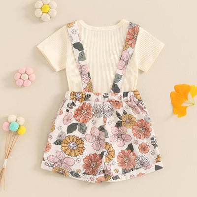 Lucikamy Toddler Baby Girls Summer Outfit Short Sleeve Ribbed Tops + Flower Suspender Overalls Shorts Set Kids Cute Clothes (Beige Top + Flower, 12-18 Months)