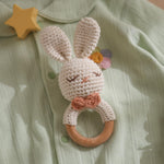 Natural Hand-Knit Wooden Baby Rattle - Soft Animal Shaped Sensory Toy for Newborns, Infants | Safe Beechwood & Crochet Texture | Perfect Baby Shower Gift