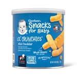 Can of Gerber Snacks for Baby Lil' Crunchies Mild Cheddar on a white background