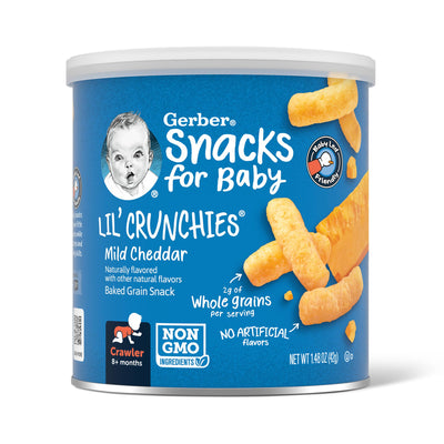 Can of Gerber Snacks for Baby Lil' Crunchies Mild Cheddar on a white background