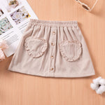 Toddler Little Girls Corduroy Skirts Decorative Buttons Ruffled Trim Elastic Waist A Line Skirt with Love Heart Pocket (A-Beige, 1-2 Years)