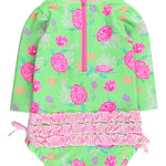 RuffleButts Baby Girls UPF 50+ Sun Protection Novelty Print Long Sleeve One Piece Rash Guard Swimsuit with Zipper - Neon Turtle Tide, 2T