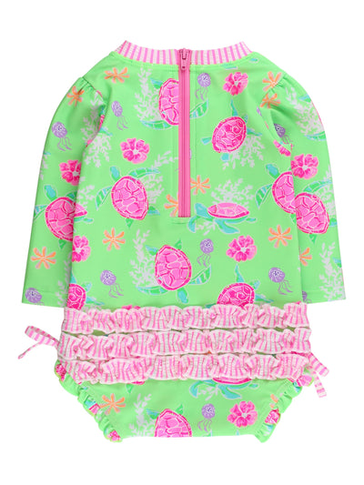 RuffleButts Baby Girls UPF 50+ Sun Protection Novelty Print Long Sleeve One Piece Rash Guard Swimsuit with Zipper - Neon Turtle Tide, 2T