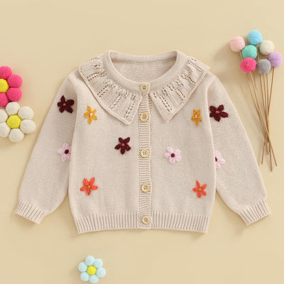 Baby Girl Cardigan Sweater Infant Toddler Floral Embroidered Button Down Knit Sweaters Fall Winter Clothes (Khaki, 2-3 Years)