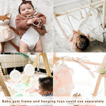 Wooden Baby Gym with 6 Gym Toys, Foldable Baby Play Gym, Natural Pine Wood Play Gym, Frame Activity Center Hanging Bar, Wooden Play Gym