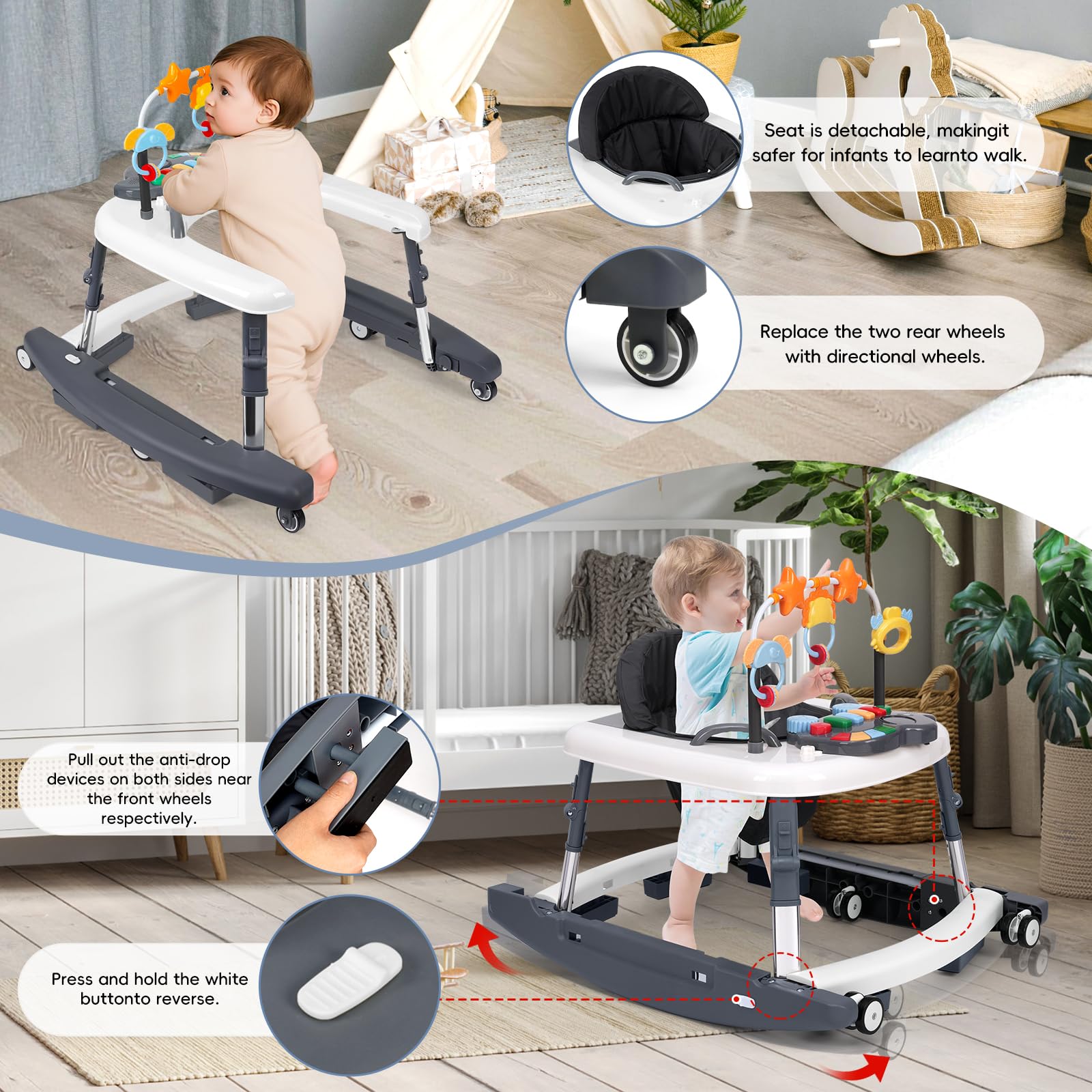 Wolfcode 5-in-1 Music and Lights Baby Walker Foldable with 5 Adjustable Heights, Baby Walker with Wheels and Bouncer Combo Portable, Infant Toddler Walker for Baby Boy Girls 6-18 Months