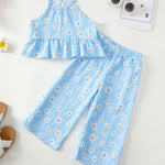 Kucnuzki Baby Girl Outfit 18 24 Months Girl Clothes Summer Toddler Clothes Light Blue Ruffle Shirt Camisole Top with Long Flower Pants Two Piece Baby Outfit