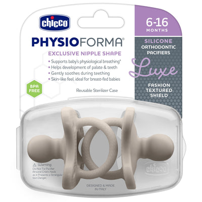Chicco PhysioForma Luxe Orthodontic Pacifier for Babies 6-16 Months, One-Piece 100% Soft Silicone, Supports Breathing, Textured Shield & Handle, Sterilizing Case, BPA Free, 2-Pack, Grey