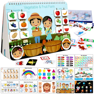 Educational children's book with vegetable and fruit illustrations and learning activities.