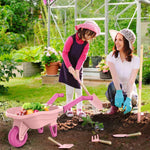 Qtioucp Kids Gardening Set with Wheelbarrow, Real Metal Garden Tools for Kids Ages 3-8, 4 Long Handle Tools, 3 Hand Tool, Gloves, 5 Stickers, Handbook, Outdoor Backyard Toys for Toddler Gift