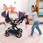 Bayer Design Dolls: Xeo Twin Pram: Stars Navy & Pink - Matching Handbag, Adjustable Handle, Dolls Up to 20", Ages 3+