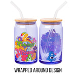 Silver Buffalo Care Bears Retro Flower Power Caring is Groovy Featuring Funshine, Friend, Good Luck, Harmony, Cheer Bear Purple Glass Jar Tumbler with Bamboo Lid and Glass Straw, 16 Ounces