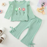 Kucnuzki Toddler Girl Clothes Long Sleeve Round Neck Tops Ruffle Floral Shirts Solid Color Bell Bottom Pants For Baby Girl Clothes 18-24 Months 2 Piece Outfit