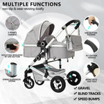 Kinder King 2 in 1 Convertible Baby Stroller, Folding High Landscape Infant Carriage, Newborn Reversible Bassinet Pram, Adjustable Canopy, Diaper Bag, Anti-Shock Toddler Pushchair Stroller, Light Grey