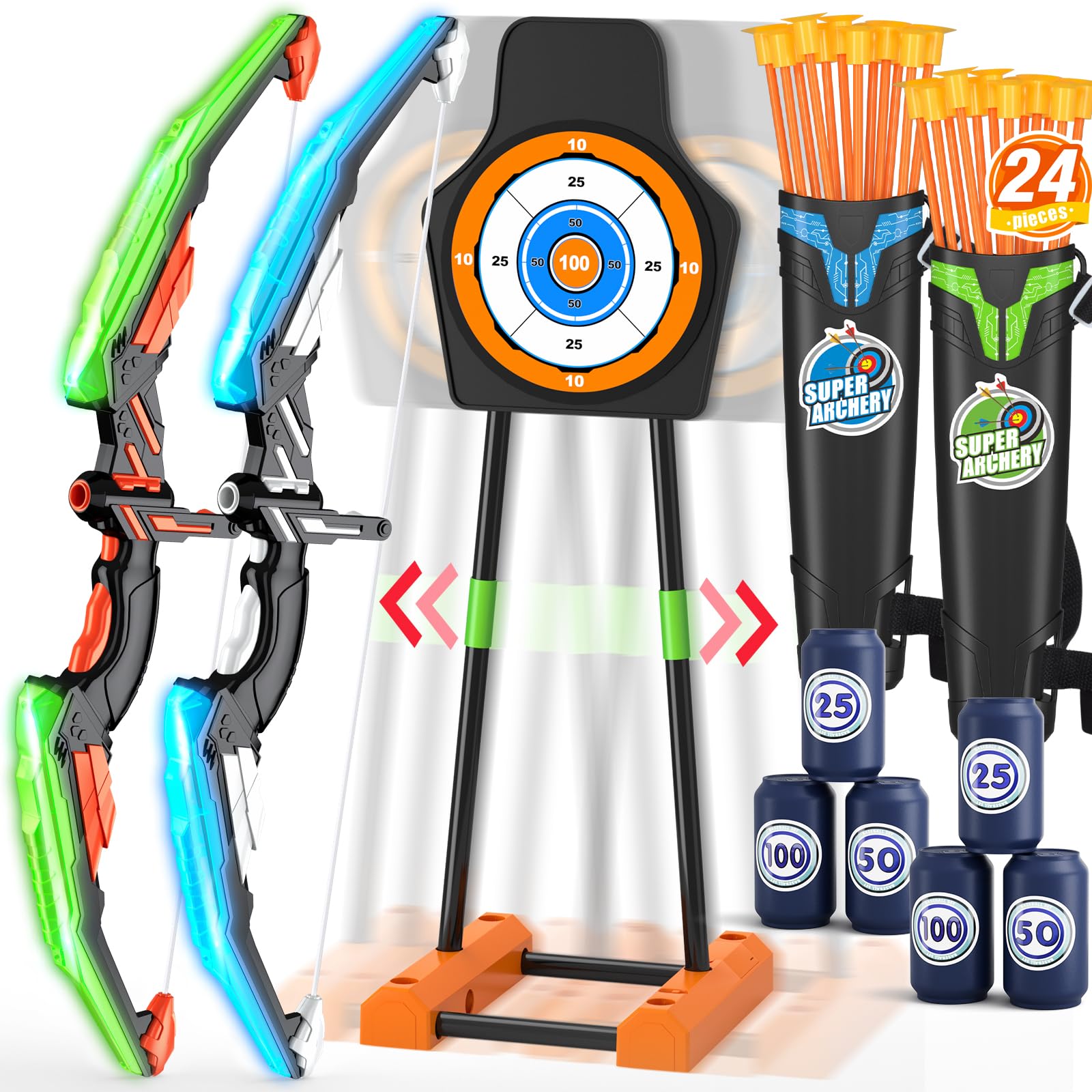 2 Pack Bow and Arrow for Kids, LED Light Up Archery Set with 24 Suction Cup Arrows, 1 Standing Target, 6 Score Targets & 2 Quiver, Indoor Outdoor Sport Gifts for Boys Girls Ages 4-8