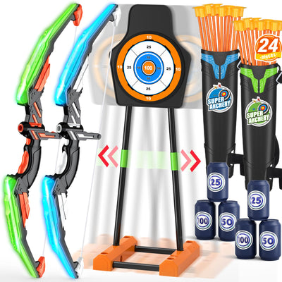 2 Pack Bow and Arrow for Kids, LED Light Up Archery Set with 24 Suction Cup Arrows, 1 Standing Target, 6 Score Targets & 2 Quiver, Indoor Outdoor Sport Gifts for Boys Girls Ages 4-8
