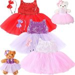 Set of children's dresses in red, purple, and pink with matching teddy bears on a white background.