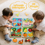 Funsland Wooden Toddler Puzzles - 4 Pcs Eco-Friendly Animal Patterns Jigsaw With Handles - Infant Kid Fine Motor Skill Learning Educational Montessori Toys for 1-3 Years Old