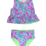 RuffleButts Baby/Toddler Girls UPF50+ Sun Protected Reversible Peplum 2 Piece Sleeveless Tankini - Neon Paisley Pop, 2T
