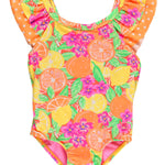 RuffleButts Girls UPF50+ Sun Protection Ruffle V-Back One Piece Swimsuit - Neon Squeeze The Day, 2T