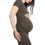 Motherhood Maternity Women's Crewneck Short Sleeve Side Ruched Ribbed Bodycon Mini Pregnancy Dress, Deep Depths, Medium