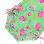 RuffleButts Baby Girls UPF 50+ Sun Protection Novelty Print Long Sleeve One Piece Rash Guard Swimsuit with Zipper - Neon Turtle Tide, 2T