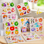 8Pcs Wooden Puzzle for Toddler 1-3, Peg Puzzles for Toddler 2-4, Montessori Learning Toys with Animals, Dinosaur, Fruits & More, Preschool Puzzle Set Educational Toys Toddler Gifts for Girls Boys