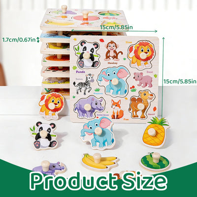 Wooden Puzzles for Toddlers 1-3, 8 Pack Peg Puzzles for Kids with Animals, Dinosaurs, Fruits, Vegetables, Educational Preschool Learning Toys, Birthday Gifts for Boys, Girls