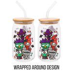 Silver Buffalo Sanrio Hello Kitty & Friends Halloween Spooky Badtz-Maru Frankenstein, Chococat Witch, My Melody Ghost, Keroppi Vampire, Mummy Glass Jar Tumbler w Bamboo Lid and Glass Straw, 16oz