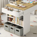 Gyfimoie Kids Art Table and 2 Chairs Set,3 in 1 Wooden Craft Desk with 2 Drawers,3 Fabric Drawers,Storage Shelf,Paper Roll,Learning and Reading, Activity Play Desk for Home
