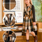 PATPAT Girls Neutral Fall Outfit – Long Sleeve Ribbed Dress with Structured Khaki Jacket – School Style, 5–6 Years