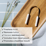 Boka Tongue Scraper for Adults & Kids with Case - Stainless Steel Tongue Cleaner w/Linen Travel Pouch - Scrubber to Remove Tongue Buildup and Freshens Breath (Pack of 1)