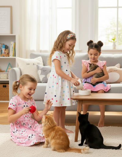 PATPAT Girl Cat Rainbow Dot Dress 3-Pack, Cute Short Sleeve Cotton Skater Dresses for School, Park & Vacation, Girls 5–6 Years
