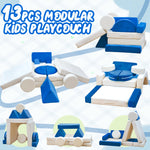Stmoze 13PCS Modular Kids Play Couch, Kids Couch with Washable Velvet Cover, 5 Seconds Instant Expansion,Convertible Foam and Floor Cushion for Nursery Playroom, Blue & Beige