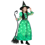 Spooktacular Creations Girls Witch Costume, Light up Witch Costume Kids, Starry Dress with Broom Belt Hat for Child Halloween Role Play Parties, S