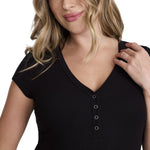 Motherhood Maternity Women's Short Sleeve V-Neck Henley Rib Knit Bodycon Maxi Pregnancy Dress, Black, Small