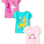 The Children's Place,Baby Girls,and Toddler Animal Short Sleeve Graphic T-Shirts,Multipacks,Bunny/Unicorn/Giraffe 3-Pack,12 Months,18 Months